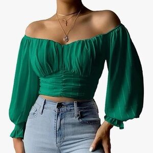 MIRACMODA Dark Green Off Shoulder Chiffon Crop Top Puff Sleeve Blouse L
